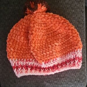 Vibrant Orange and Pink Kids Beanie with Pom-Pom